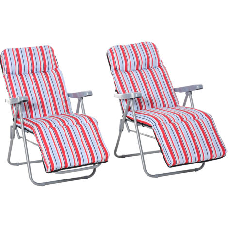 Outsunny Reclining Garden Chair Set of 2, 5-Level Adjustable Zero Gravity Chairs with Cushions, Folding Sun Lounger Garden Recliner Chairs with Armrests for Outdoor, Patio, Red Stripe (1/5)