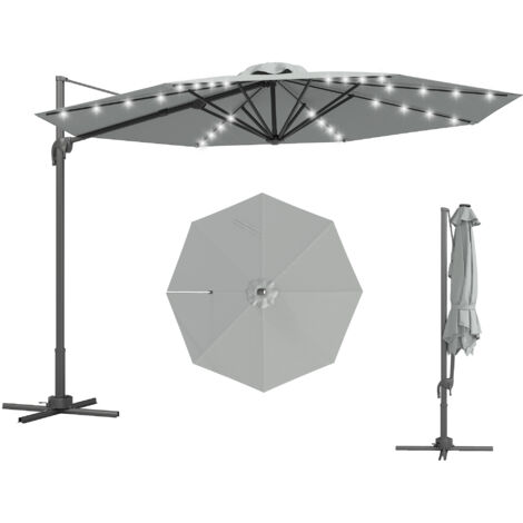 Outsunny 3(m) LED Cantilever Parasol Garden Sun Umbrella w/ Cross Base and Solar Lights Grey (1/5)