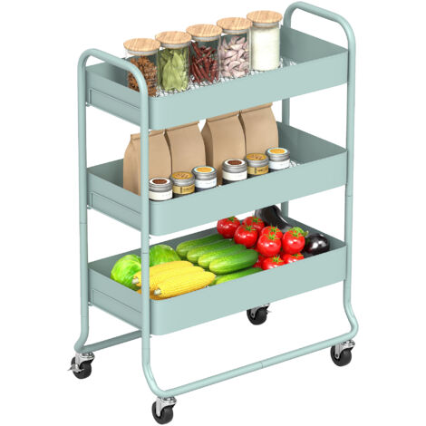 3-Tier Storage Trolley on Wheels, Rolling Utility Cart with Mesh Backets for Kitchen, Bathroom, Bedroom, Light Green (1/5)