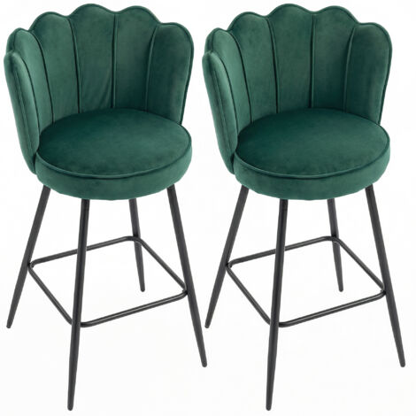 Set of Two Velvet-Feel Lotus Bar Stools - Dark Green (1/5)