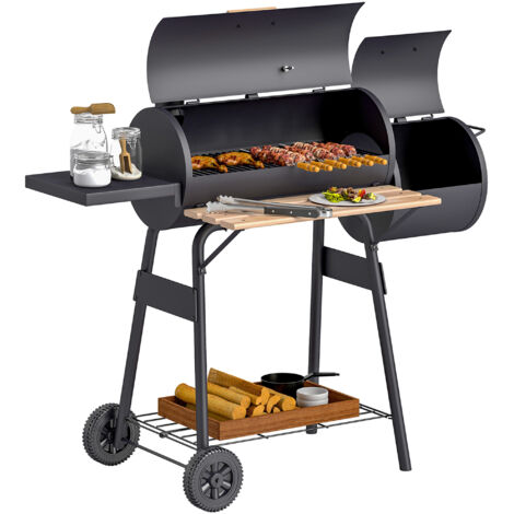 Outsunny Portable Charcoal BBQ Grill, Cold-rolled Steel, Solid Wood, 104H x 124L x53W cm-Black