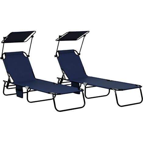 Set of Two Folding Sun Loungers, with Adjustable Backs and Sun Canopies - Dark Blue (1/5)