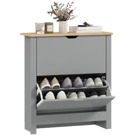 Slim Shoe Cabinet, Narrow Shoe Cupboard with 2 Flip Drawers, Adjustable Shelves for 12 Pairs of Shoes, Light Grey (1/5)