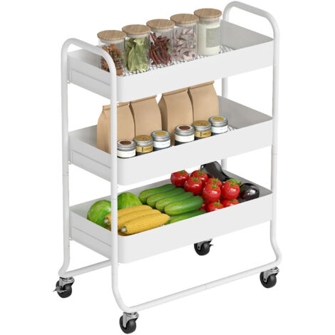 3-Tier Storage Trolley on Wheels, Rolling Utility Cart with Mesh Backets for Kitchen, Bathroom, Bedroom, White (1/5)