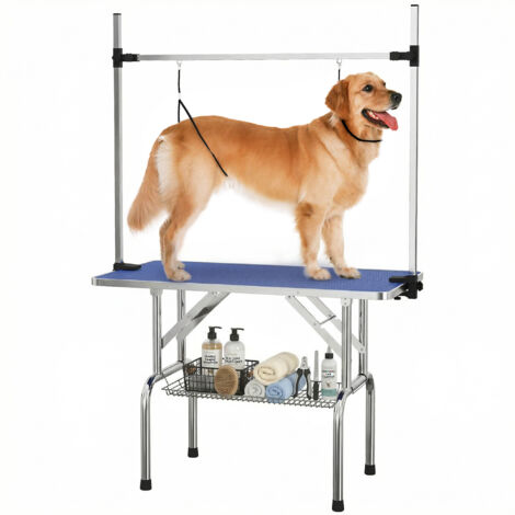 42" Dog Grooming Table, Adjustable Pet Cat Drying Beauty Table with 2 Loops Storage Basket, Rubber Top, Blue (1/5)