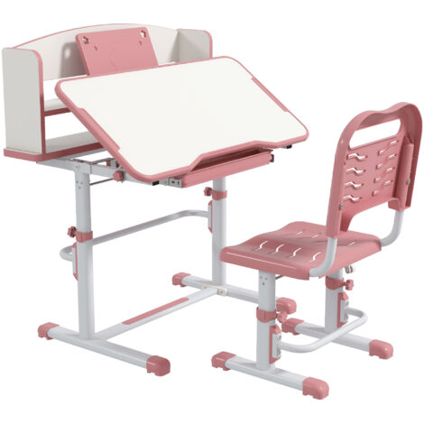 Height Adjustable Kids Study Table and Chair Set, with Drawer, Storage Shelf, 80 x 54.5 x 104 cm, Pink (1/5)
