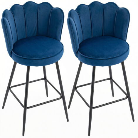 Set of Two Velvet-Feel Lotus Bar Stools - Dark Blue (1/5)