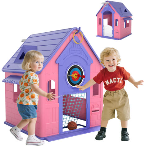 5-in-1 Playhouse for Kids Outdoor Indoor with Basketball Hoop, Football Goal, Dartboard, Ring Toss for 2-5 Years, Pink