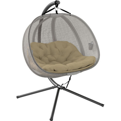 Outsunny Double Hanging Egg Chair 2 Seaters Texteline Swing Hammock Chair with Stand, Cushion and Folding Design, for Indoor and Outdoor, Brown (1/5)
