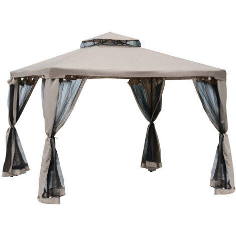 Outsunny Outdoor Gazebo, 2-tier Roof with Netting, 295L x 295W x 263Hcm-Taupe (1/5)