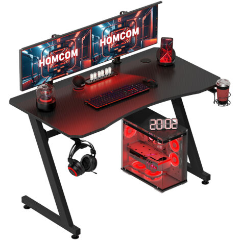 Gaming Desk 120 x 65 cm Steel Frame with Cup Holder, Headphone Hook, Adjustable Feet and Cable Organiser, Home Office Computer Table, Black (1/5)