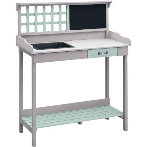 Garden Potting Table with Sink, Blackboard and Drawer, Wooden Planting Work Bench Workstation Outdoor Tool Storage Shelves (1/5)