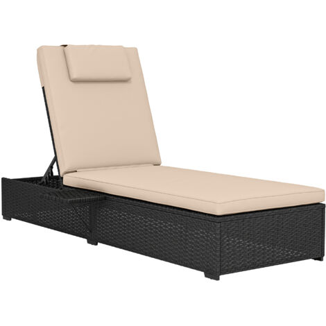 Rattan Sun Lounger with 5-Level Reclining Back Side Tray and Cushion, Black (1/5)