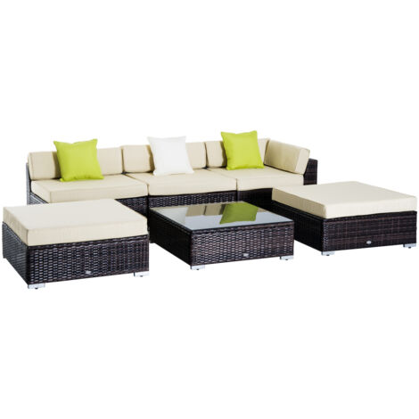 Outsunny 6 Pieces Rattan Garden Furniture Set, 5 Seater Garden Sofa Set with Thickened Cushions, Glass Top Coffee Table and Ottomans, Outdoor Sectional Conservatory Furniture with Pillows, Brown (1/5)