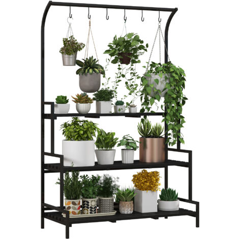 3 Tiered Plant Rack with Hanging Hooks, Tall Plant Stand for Indoor Outdoor Porch Balcony Use, Black (1/5)