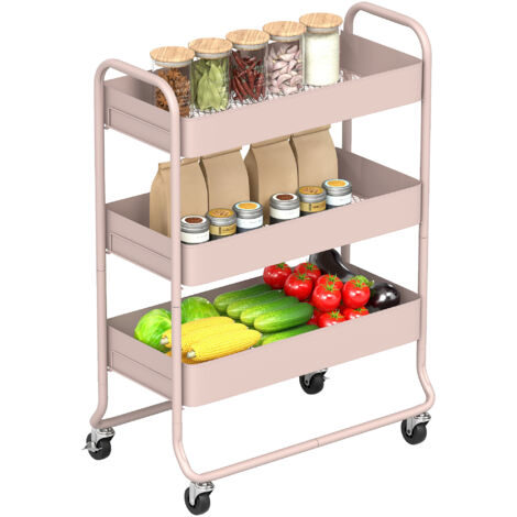 3-Tier Storage Trolley on Wheels, Rolling Utility Cart with Mesh Backets for Kitchen, Bathroom, Bedroom, Light Pink (1/5)