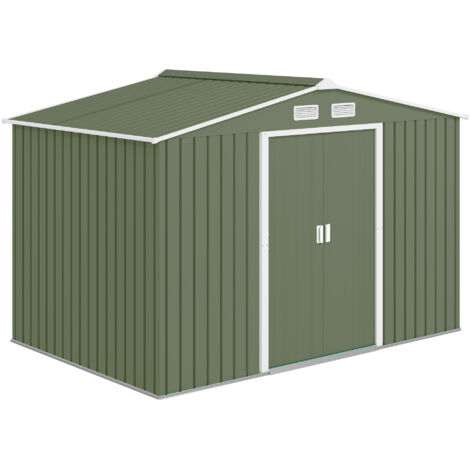 Outsunny 9 x 6ft Metal Garden Shed, Outdoor Storage Tool House with Ventilation Slots, Foundation Kit and Lockable Double Doors, Light Green (1/5)
