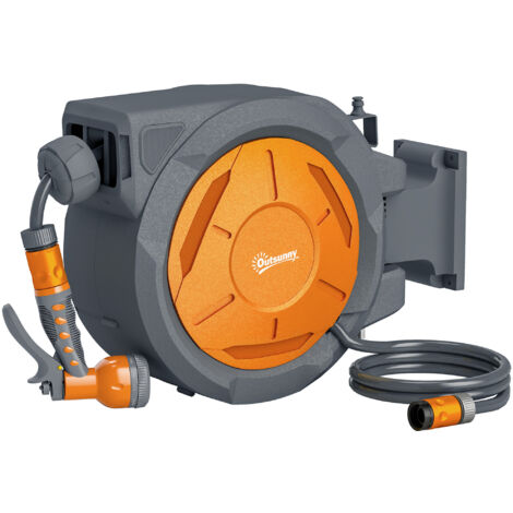 Outsunny Retractable Hose Reel Wall Mounted, 30+2m Garden Hose Pipe Reel with Lock, Auto Rewind, 7 in 1 Spray Nozzle, Includes Wall Fixings, 180° Swivel, Outdoor Watering, 59 x 23 x 42 cm, Orange (1/5)