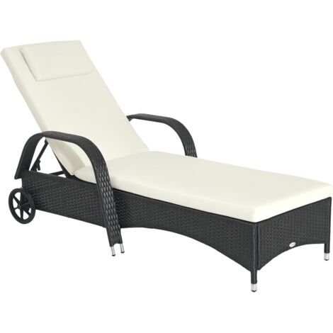 Outsunny Rattan Sun Lounger, Garden Lounger Recliner with Wheels and Adjustable Backrest, Outdoor Reclining Sunbed Garden Chair with Cushion and Headrest for Patio, Beach, Terrace, Black (1/5)