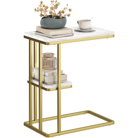 C-Shaped Narrow Side Table, 2-Tier Slim End Table, Nightstand for Small Spaces, Living Room, Bedroom, White Marble Grain (1/5)