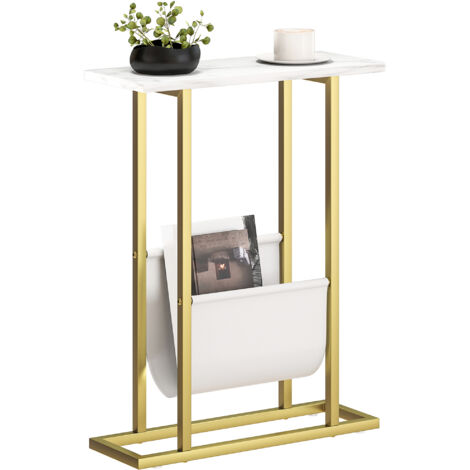 Narrow Side Table, End Table with Magazine Holder, Nightstand for Small Spaces, Living Room, Bedroom, White Marble Grain (1/5)