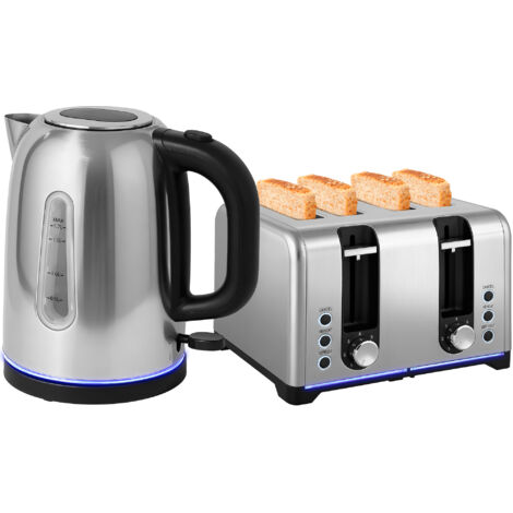 Kettle and Toaster Set, 1.7L 3000W Rapid Boil Jug Kettle with Otter Thermostat, Limescale Filter, 4 Slice Toaster with 7 Browning Controls, Crumb Tray, LED Strip, Silver Tone (1/5)