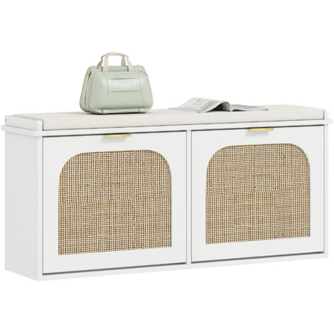 Boho Shoe Bench with Padded Seat and 2 Flip-Drawers - White (1/5)