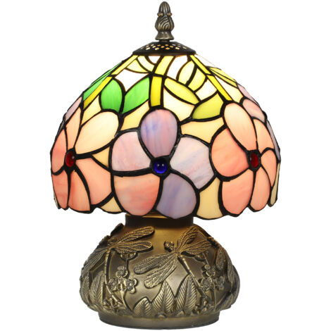 Tiffany-Style Table Lamp with Sculpted Dragonfly Base, Handcrafted Antique Stained Glass Bedside Lamp for Living Room and Bedroom, E27 Socket, Pink (1/5)