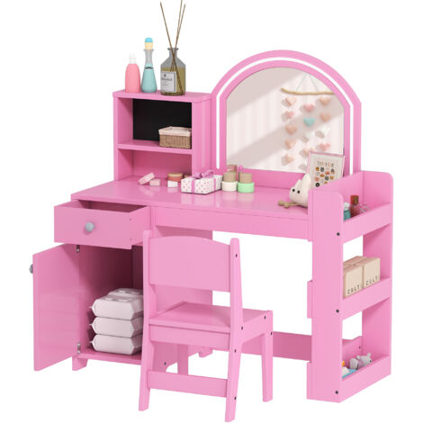 Kids Vanity Table and Chair Set, Girls Dressing Table with 2-Colour LED Mirror, Stool, Cabinet, Drawer, Shelves, Pink (1/5)