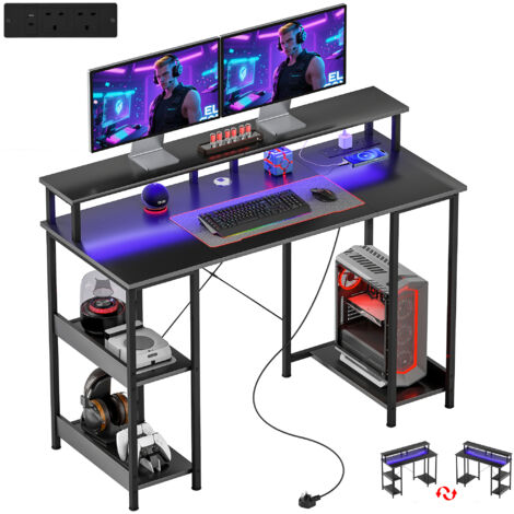 LED Computer Desk, with Power Outlets and Shelves - Carbon Fibre Grey (1/5)