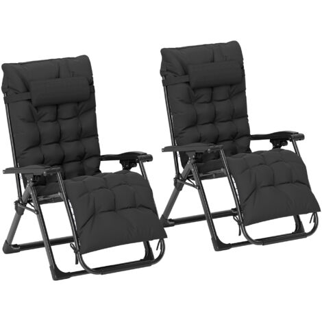 2 Piece Reclining Zero Gravity Sun Loungers with Cushions, Black (1/5)