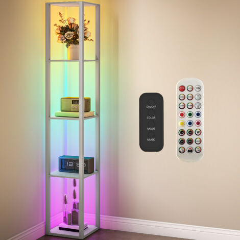RGB LED Floor Lamp with Shelves, Modern Dimmable Standing Lamp with Remote Control, Adjustable Brightness & Speed for Living Room, Bedroom, Office, Grey (1/5)