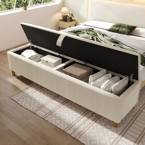 Banqueta de Cama con Almacenaje con Elevación Hidráulica y Asiento Acolchado, Gran Baúl, Patas de Madera, en Pana Beige