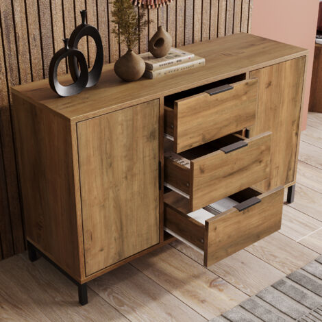 Cómoda con 2 Puertas y 3 Cajones con Estante Ajustable, Estilo Industrial, en Tablero, Roble Oscuro, 120×40×76 cm