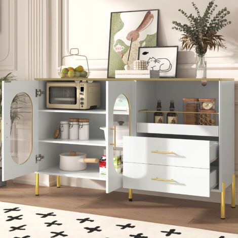 Aparador con 2 Cajones y 2 Puertas de Cristal, Pasacables, Estilo Moderno, en MDF, Blanco, 140×38×90 cm