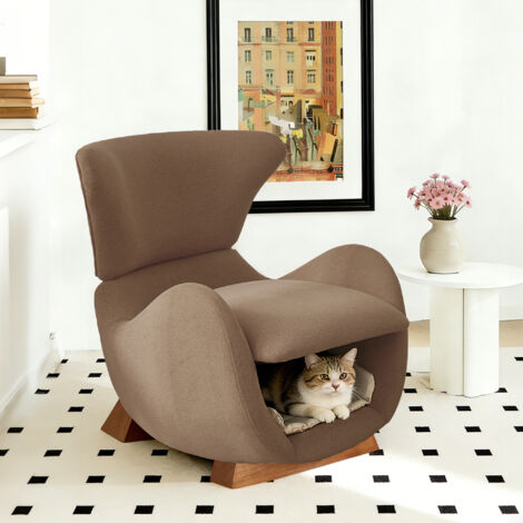 Sillón Relax con Cueva para Gato y Perro Pequeño, Tela Antiarazos, Estructura De Madera, Marrón