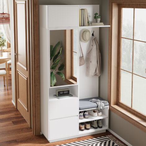 Mueble de Entrada con Espejo y Banco, Zapatero con Percheros, Cajones y Estantes, Estilo Moderno, en MDF, Blanco, 90×34,5×190 cm