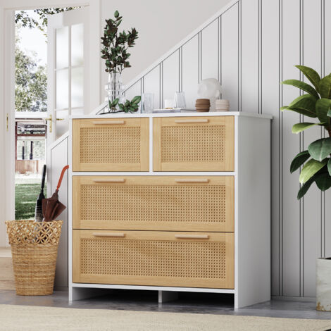 Cómoda con 4 Cajones de Ratán y Tiradores de Madera Maciza, Estilo Moderno, en MDF, Natural y Blanco, 80×38×80 cm