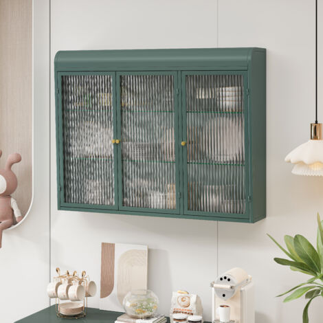 Armario de Pared Vitrina con 3 Puertas, Diseno Arqueado Moderno, para Cocina y Bano, de Vidrio y Metal, Verde Oscuro