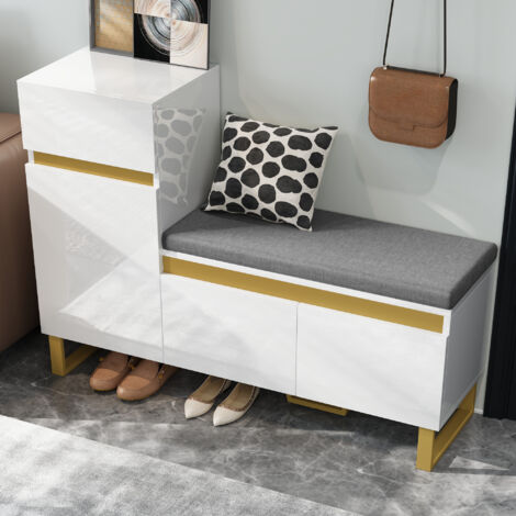 Mueble Zapatero con 2 Puertas y 1 Cajón, Banco con Cojín, Brillo Parcial, Estilo Moderno, en MDF, Blanco, 120×35×85 cm