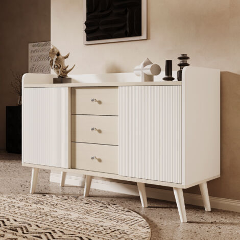 Aparador con 2 Puertas Correderas y 3 Cajones, Estantes Ajustables, Estilo Moderno, en MDF, 117,5×39,5×79 cm, Blanco