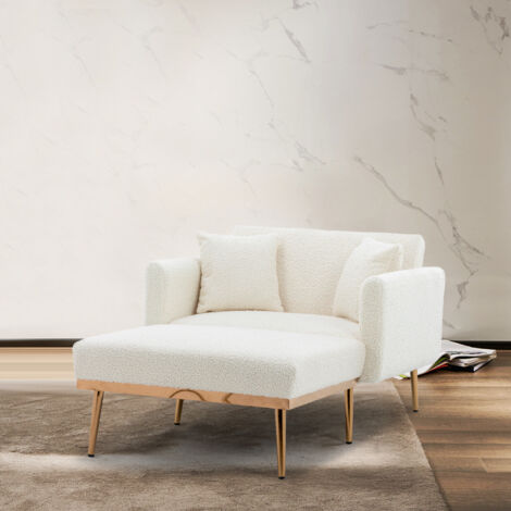 Sillón Cama 1 Plaza con Respaldo Ajustable 3 Posiciones y 2 Cojines, Estructura de Madera, en Teddy Blanco