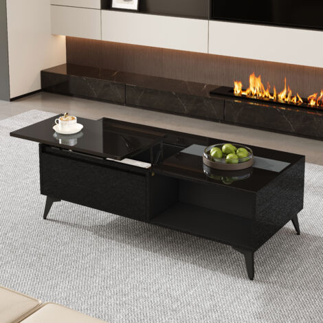 Mesa de centro elevable con Compartimento Oculto, 1 Puerta Abatible y Estantes Abiertos, Negro Brillante, Tablero de Partículas
