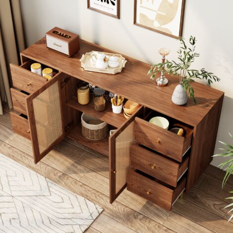 Aparador con 6 Cajones y 2 Puertas de Ratán, Estilo Moderno, en MDF, Color Madera, 160×40×90 cm