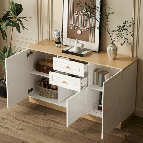 Aparador con 3 Puertas, 2 Cajones y Estantes Ajustables, Estilo Minimalista, en Tablero de Partículas, Blanco y Madera, 135,5×39×76 cm