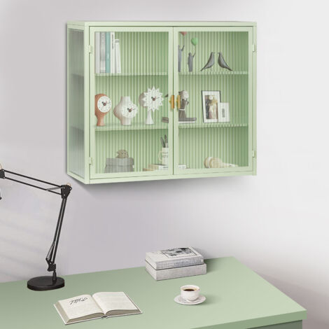 Armario de Pared con 2 Puertas de Vidrio Estriado, 3 Niveles Extraíbles, Estilo Moderno, de Metal y Vidrio, 70×30×70 cm, Verde