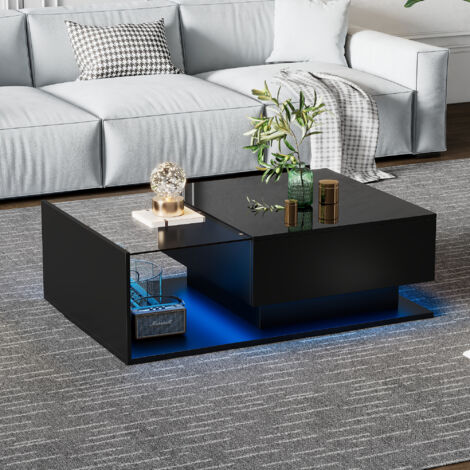 Mesa de centro con 1 Cajón y LED por App, Tablero de Vidrio y Alto Brillo, de Tablero de Partículas, 100×50×32 cm, Negro