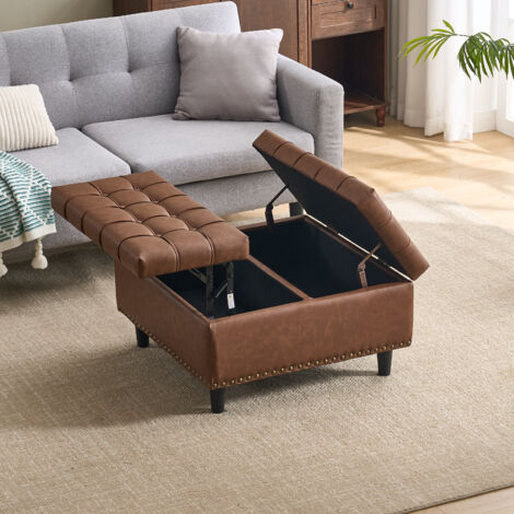 Banco Baul Cuadrado con Almacenaje y Tapa Elevable, Asiento Acolchado, Estructura De Madera, en Piel Sintetica Marron