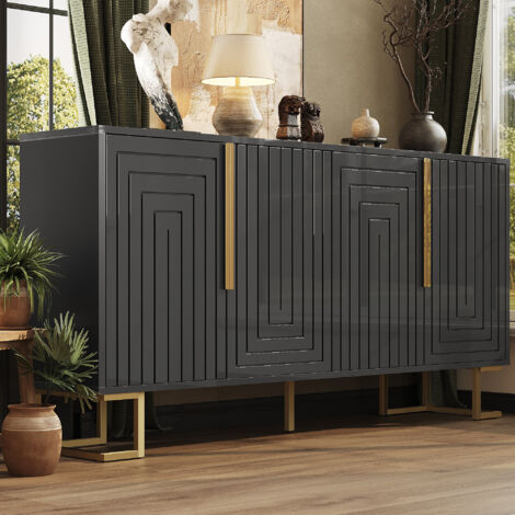 Aparador con 2 Puertas y 4 Compartimentos, Estilo Moderno, en MDF, 152×40×75 cm, Negro