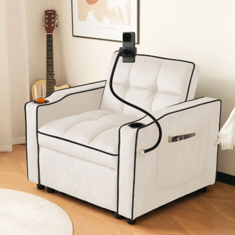 Sillón Cama Convertible 1 Plaza 3 En 1 con Respaldo Reclinable, Portavasos y Soporte Móvil en Terciopelo Beige